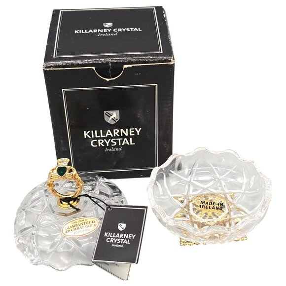 Killarney Crystal Ireland 22K Gold Trinket Dish w/ Emerald Heart Claddagh Accent - Picture 6 of 16